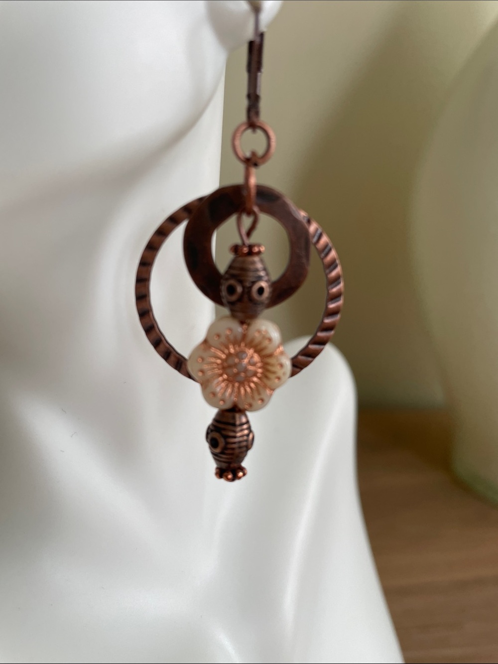 HAND CRAFTED COPPER HOOP EARRINGS with WHITE CZECH GLASS FLOWER Bohemian Artisan